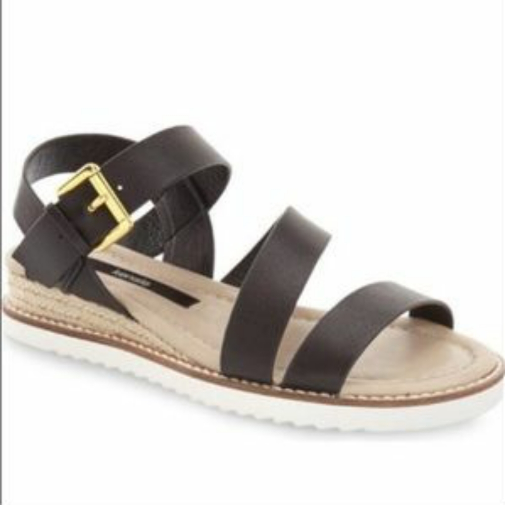 Kensie Jody Sandal Black Leather Espadrille Wedge